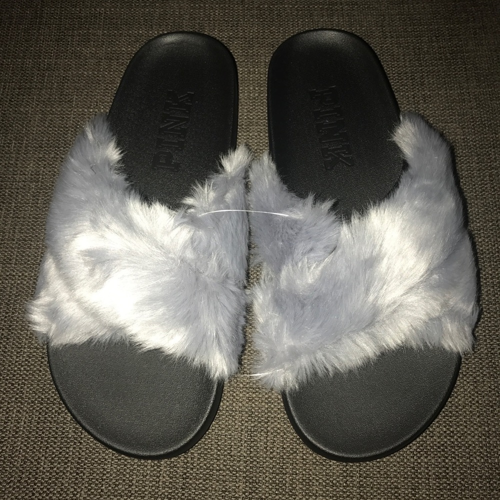 Victoria Secret Faux Fur crisscross slides M 7/8